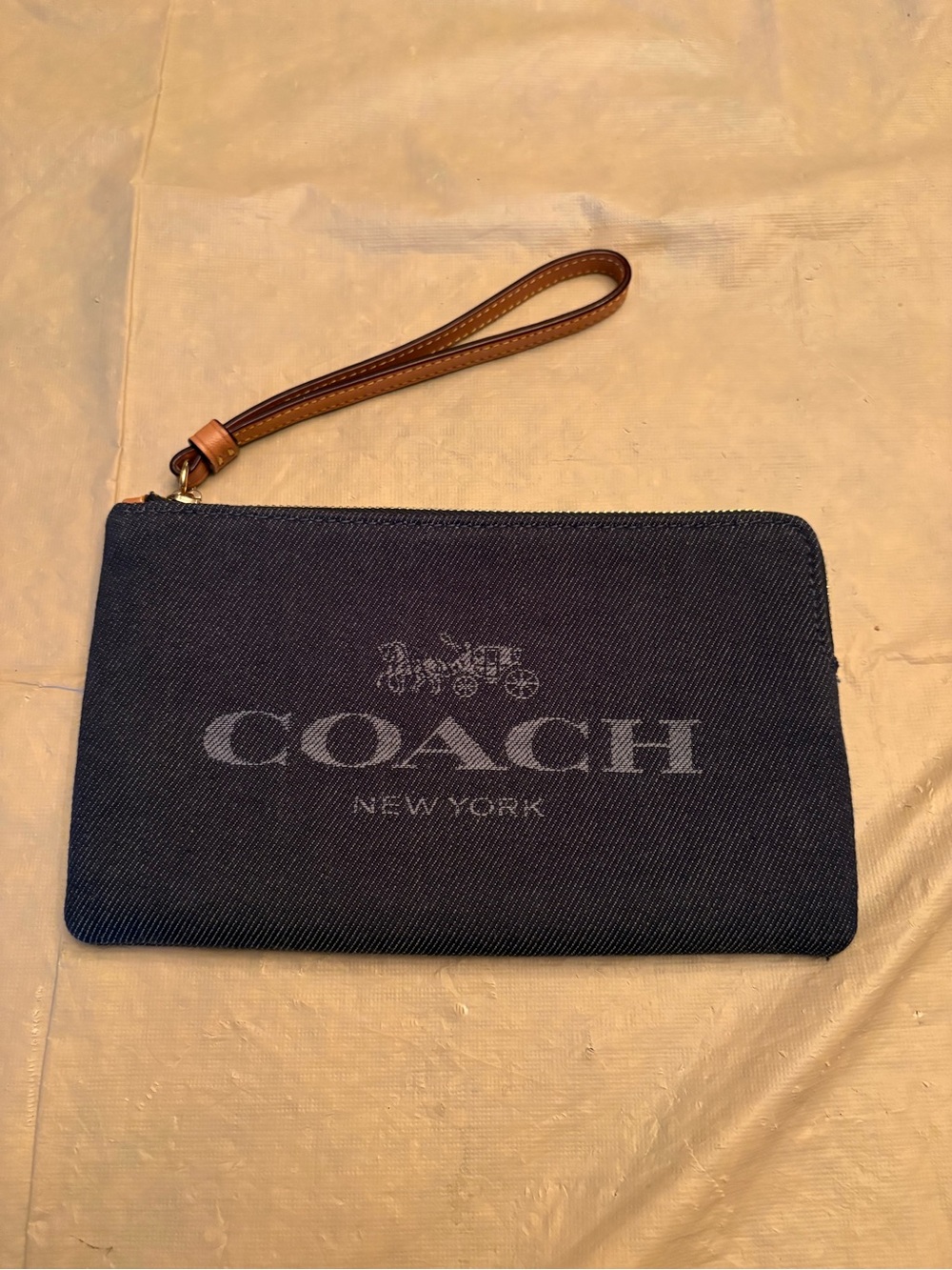 Coach Large Corner Zip Wristlet in Denim with Brown Leather Strap